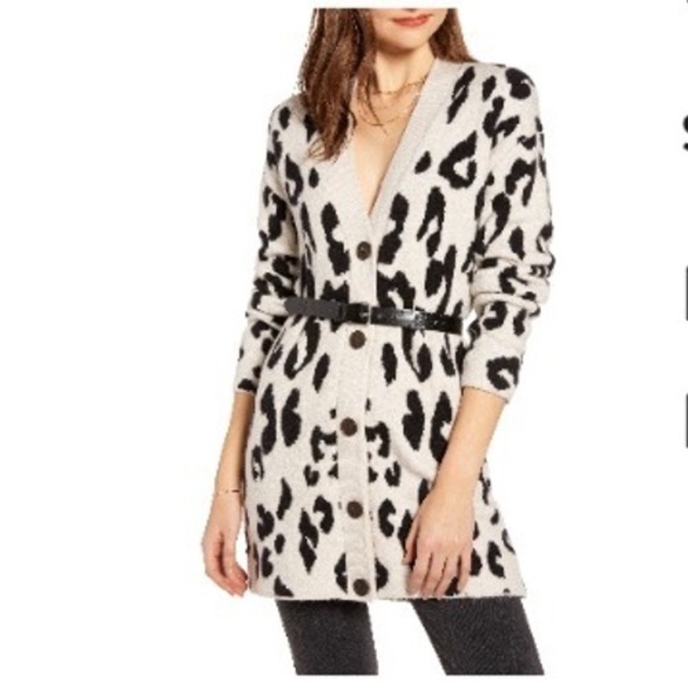Something Navy Leopard Print V-Neck Cardigan Sweater Wool Blend Very Soft L